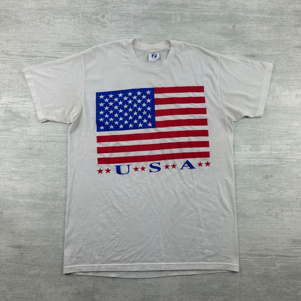 Vintage 90s USA Flag Shirt Size Large White American Logo 7